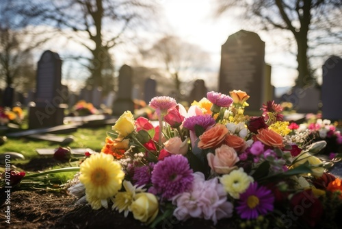 Floral tributes grace graves in graveyard