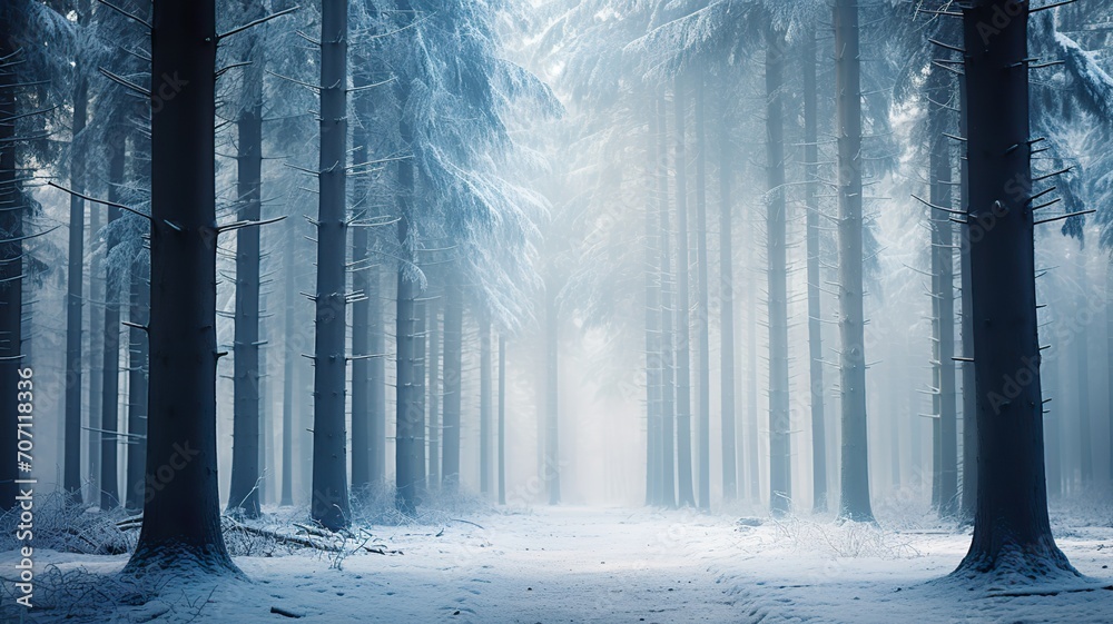 Naklejka premium Winter Stand: Dense Forest Amidst the Chilling Cold