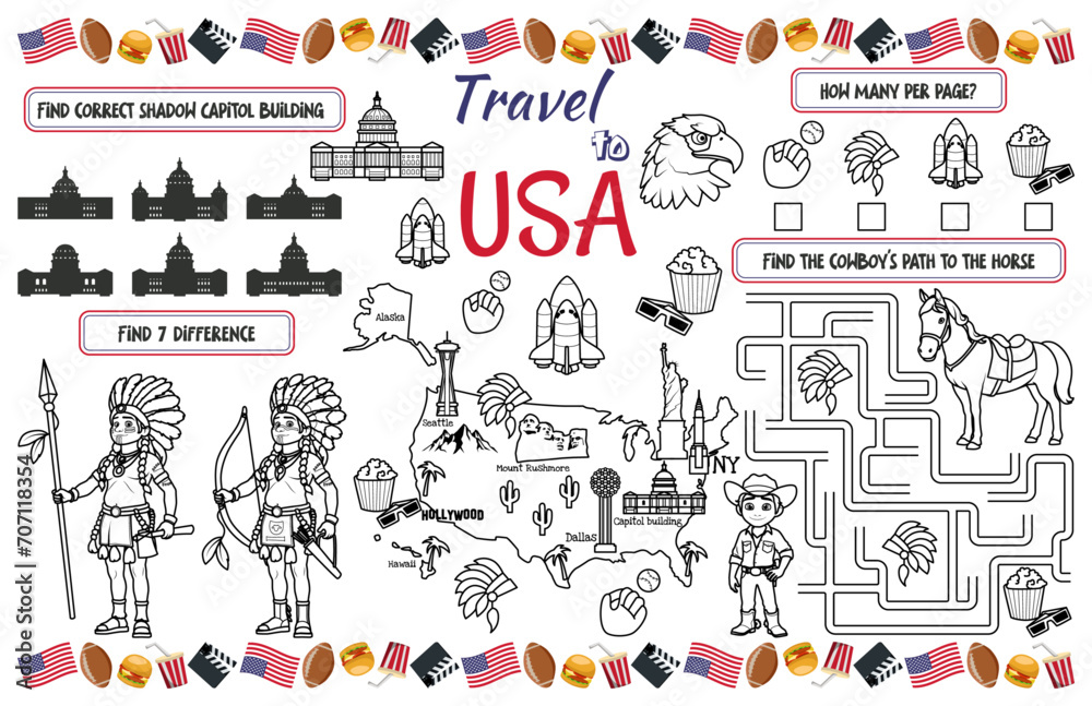 A fun placemat napkin for kids. Print out the “Travel to USA” sheet with a labyrinth, find the differences, and find the same ones. 17x11 inch printable vector file	