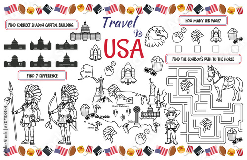 A fun placemat napkin for kids. Print out the “Travel to USA” sheet with a labyrinth, find the differences, and find the same ones. 17x11 inch printable vector file 