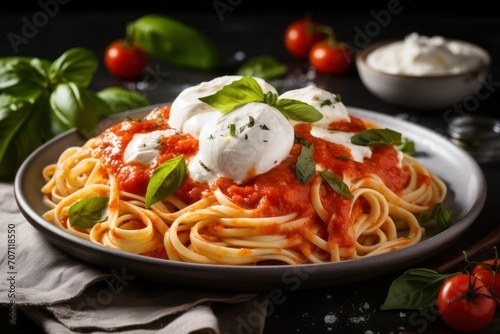 Linguini alla burrata with tomato sauce close up at a dinner table