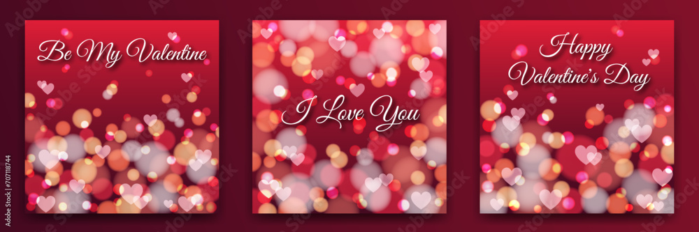 Set of red greeting cards for Valentine's Day. Abstract blurred glowing glitter bokeh effect.