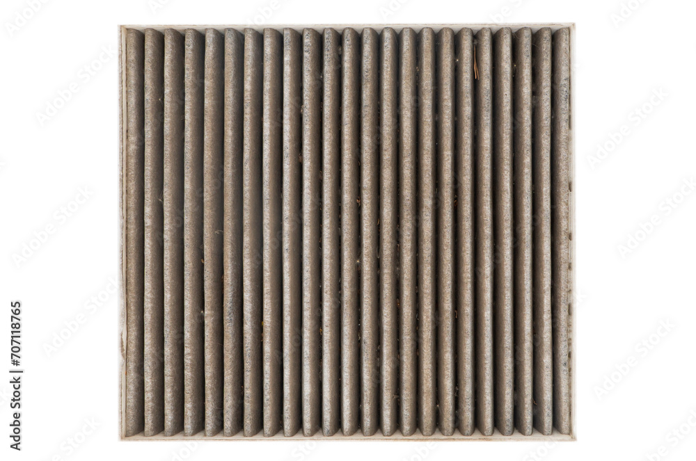 Used car cabin air filter isolated on white background. Dirty carbon car air filter with dust isolated - obrazy, fototapety, plakaty 
