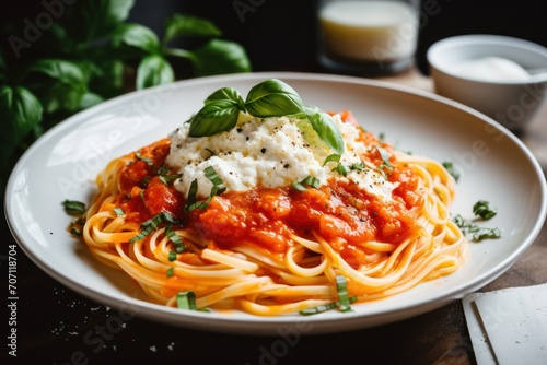 Linguini alla burrata with tomato sauce close up at a dinner table