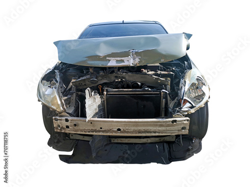 The front of the car was damaged in a road accident, transparent background