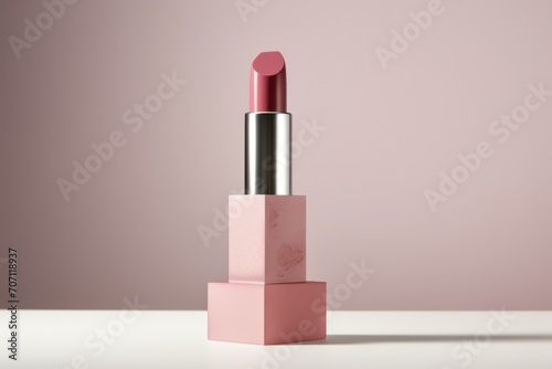 Pink lipstick on a neutral background with a podium