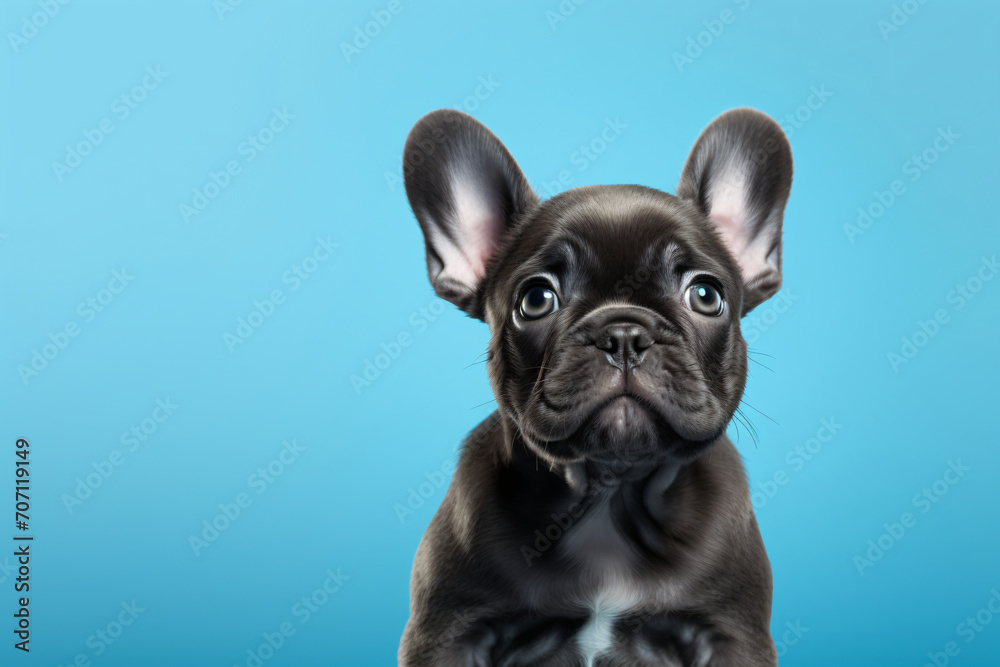 Puppy girl dog french bulldog sitting on a turquoise background, in the style of light navy and light gray, wimmelbilder, wildlife photography

