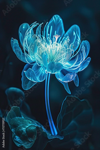 Isolated fantasy bioluminescent flower glowing in the wild at night