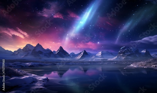 Light blue purple aurora in white snow, snow mountains, rivers, snowstorms, colorful stars twinkling, illusory engine, 4K HD, HD. Generative Ai   © Handz
