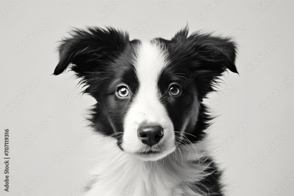Border collie miniature puppy by patrick phtphotography, in the style of sheet film, white background, light gray and dark black, soft focus, textured canvas, selective focus, cute and colorful


