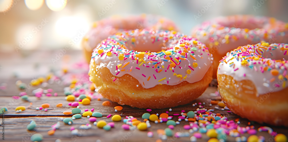 Frosted sprinkled donuts on a pink background Frosted sprinkled donuts on a pink background