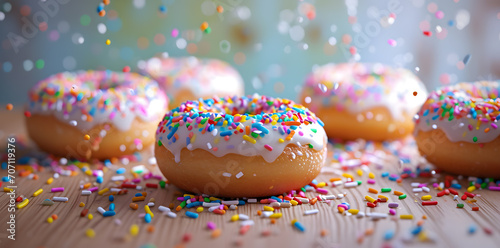 Frosted sprinkled donuts on a pink background 