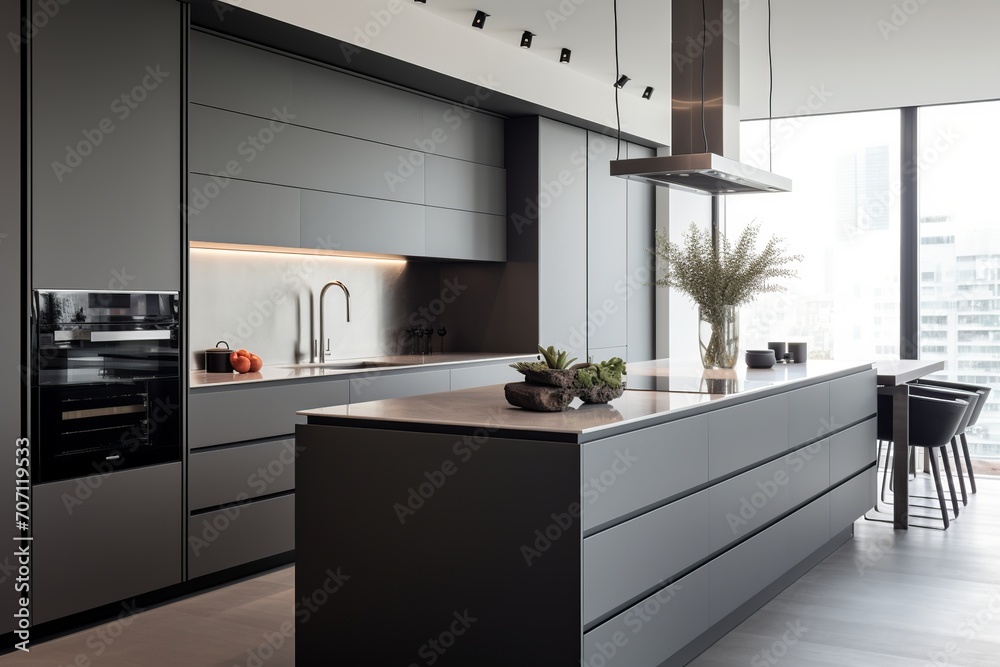 Step into a world of serenity with this minimalist kitchen featuring floor-to-ceiling windows that flood the space with abundant natural light Step into a world of serenity with this minimalist kitchen featuring floor-to-ceiling windows that flood the space with abundant natural light