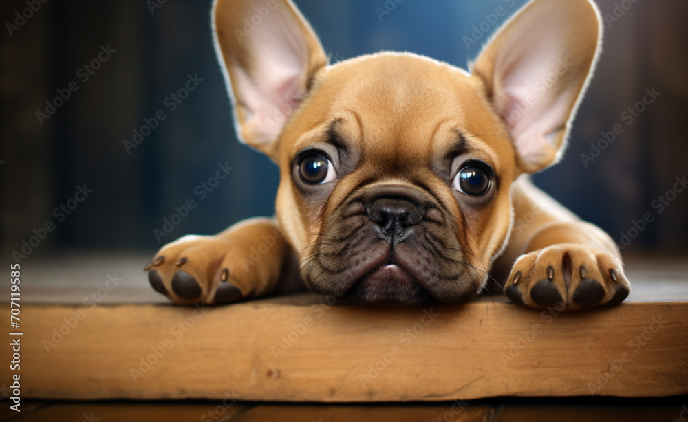 Cute little french bulldog puppy with blue eyes, in the style of dark yellow, medium format lens, iso 200

