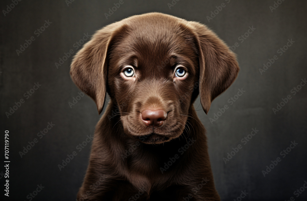 Chocolate lab puppy looking back at camera, in the style of aerial photography, cinestill 50d, wimmelbilder, innocent, close up, charming characters

