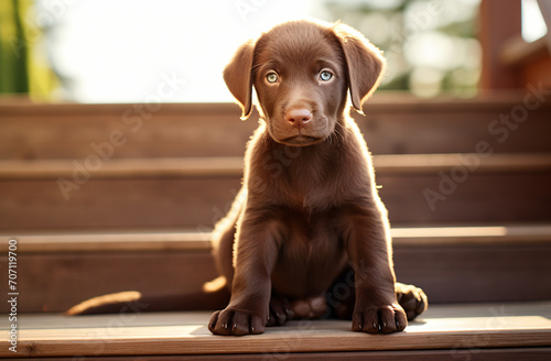 A puppy is sitting on a wood floor, in the style of dark brown and azure, graphical, high-angle, wimmelbilder, close up, shiny eyes

 photo