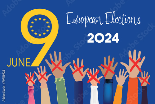 Text 2024 June 9 - European Elections. People raising hands. cross check marks and European Flag Background with Stars. flat vector illustration.