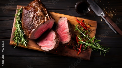 Prime rib beef fillet roast on black wooden board background, on dark wood table counter top down view