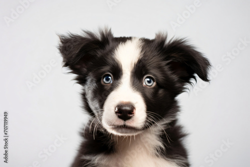 Border collie miniature puppy by patrick phtphotography, in the style of sheet film, white background, light gray and dark black, soft focus, textured canvas, selective focus, cute and colorful   © Possibility Pages