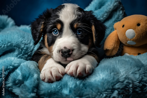 Bernese mountain dog puppy puppy bernese mountain dog breed bull terrier puppy puppies, in the style of light turquoise and dark azure, panasonic lumix s pro 50mm f/1.4, shaped canvas, plush doll art, photo