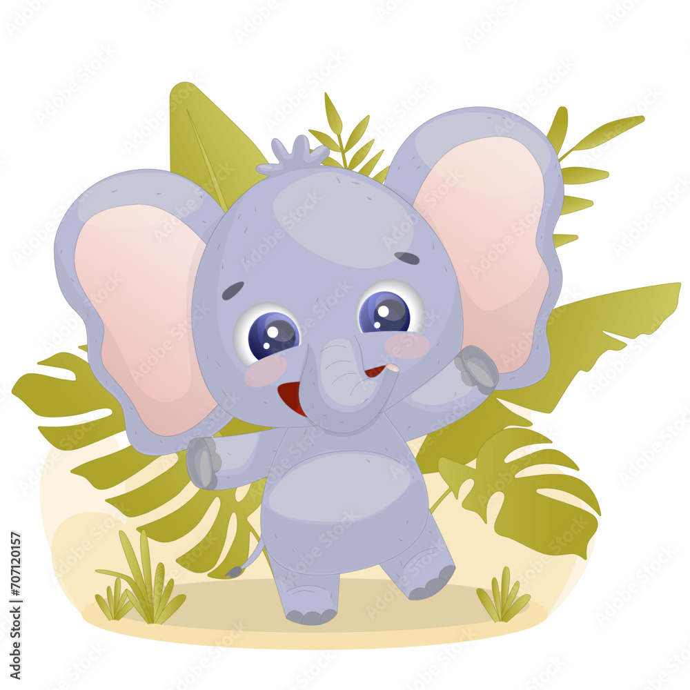 A funny baby elephant greets you joyfully and smiles widely. Baby