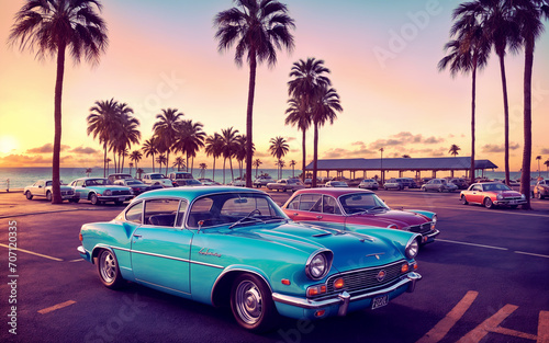 A vintage retro car is parked near the beach against the backdrop of sunset and silhouettes of palm trees. Decorative background, concept of summer, travel, holidays and freedom.	