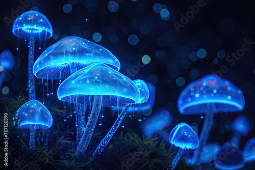 Isolated fantasy bioluminescent mushroom glowing in the dark © grey