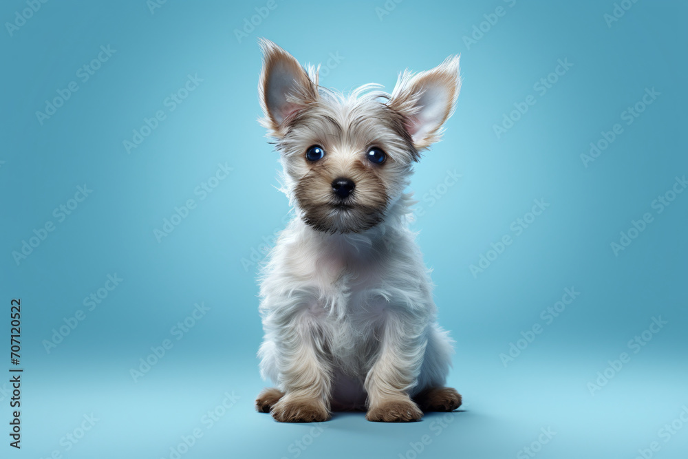 A small dog sitting on a blue background, in the style of light gray and azure, louis, photo-realistic hyperbole, light maroon and light azure, cute and colorful, konica big mini, uhd image
A small dog sitting on a blue background, in the style of light gray and azure, louis, photo-realistic hyperbole, light maroon and light azure, cute and colorful, konica big mini, uhd image