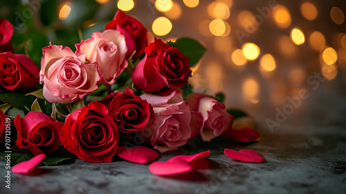 beautiful bouquet of red and pink roses on a wooden background. Love  Valentine s Day  Mother s Day.