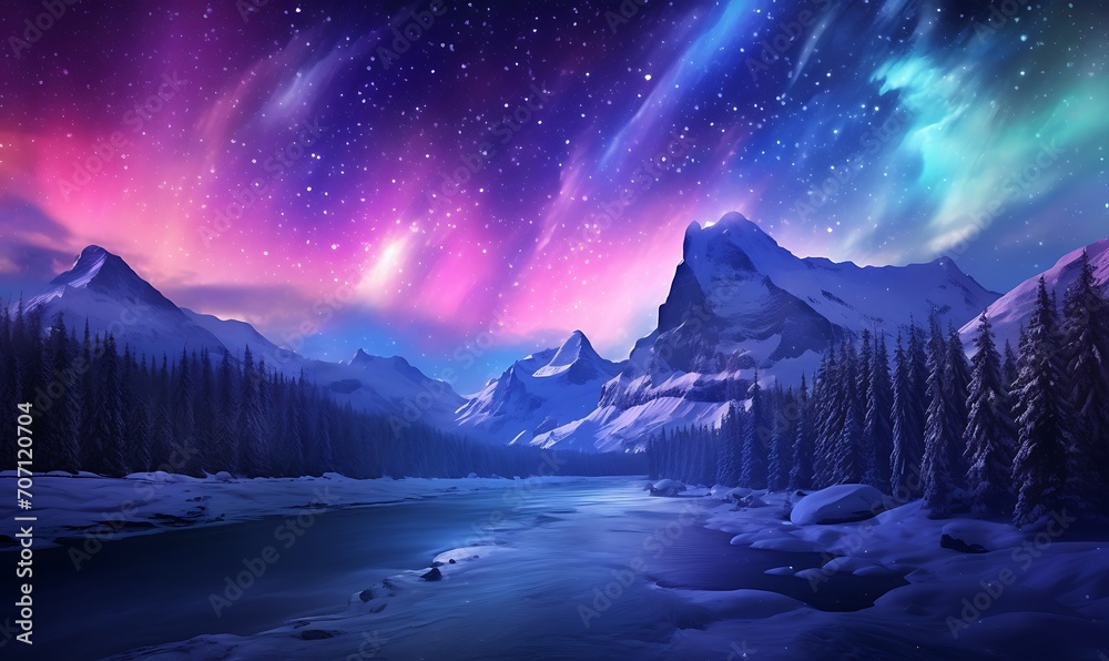 Light blue purple aurora in white snow, snow mountains, rivers, snowstorms, colorful stars twinkling, illusory engine, 4K HD, HD. Generative Ai

