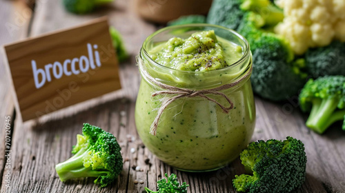 Vegetable puree with broccoli in a jar. side dish.