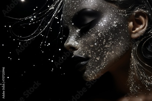 Fashion portrait of young beautiful woman with silver bodyart on black background. Women's Rights Day. feminism. 
