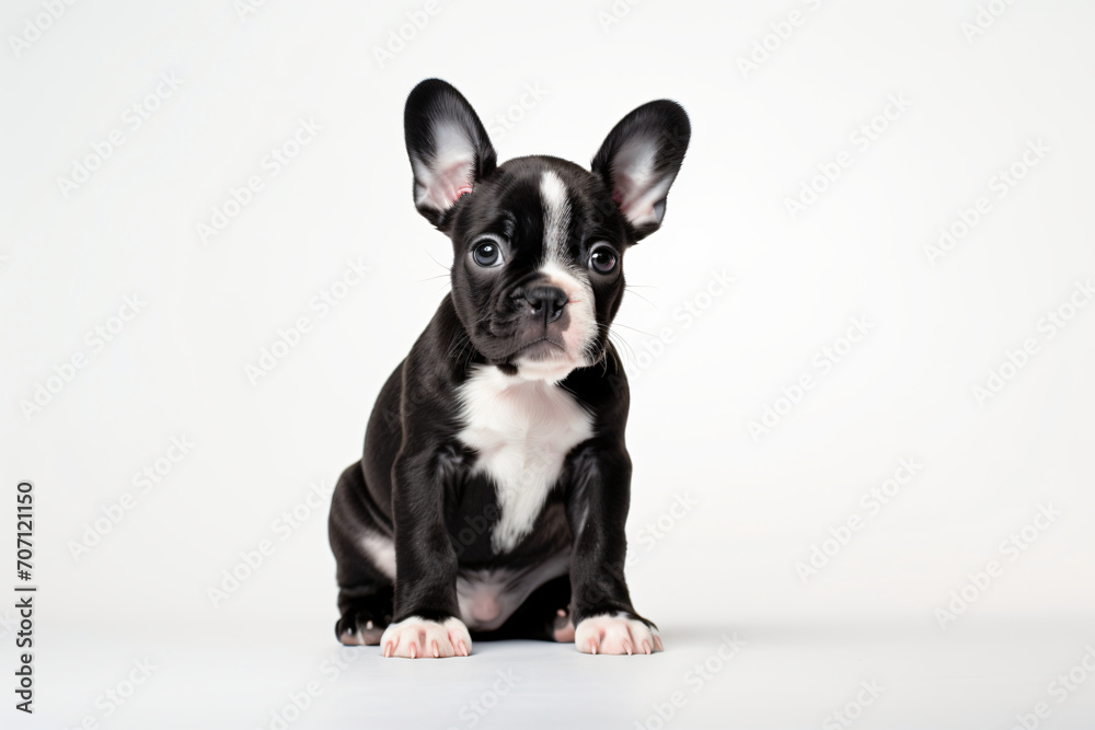 A black and white puppy is sitting on a white surface, in the style of composed, matte background

