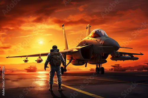 Military Aircraft Carrier with Fighter Jet and Pilot Ready for Dusk Operations. Ai generated