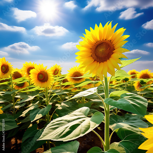 The sun shinning on a field of sunflower