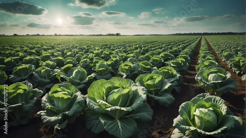 Rows of green cabbage plants on a field farm from Generative AI