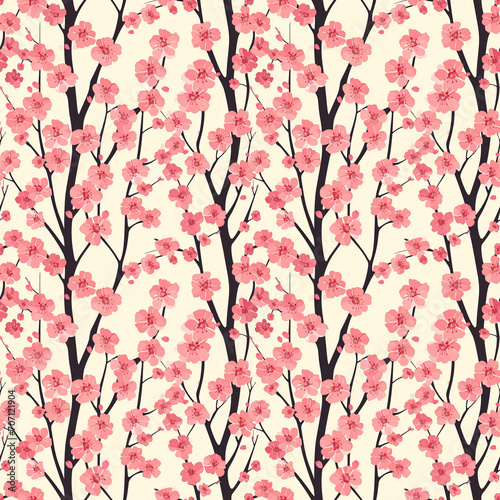 Cherry tree in full bloom seamless pattern. Can be used for gift wrapping, wallpaper, background