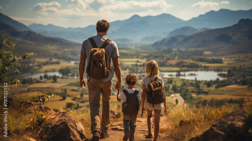Adventurous family exploring scenic hiking trail and lake - obrazy, fototapety, plakaty 