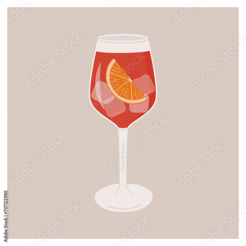 Classic Sangria cocktail with slice of orange in the wine glass. Traditional Spanish drink with fruits and berries. Summer aperitif. Alcoholic beverage. Vector illustration isolated on background.
