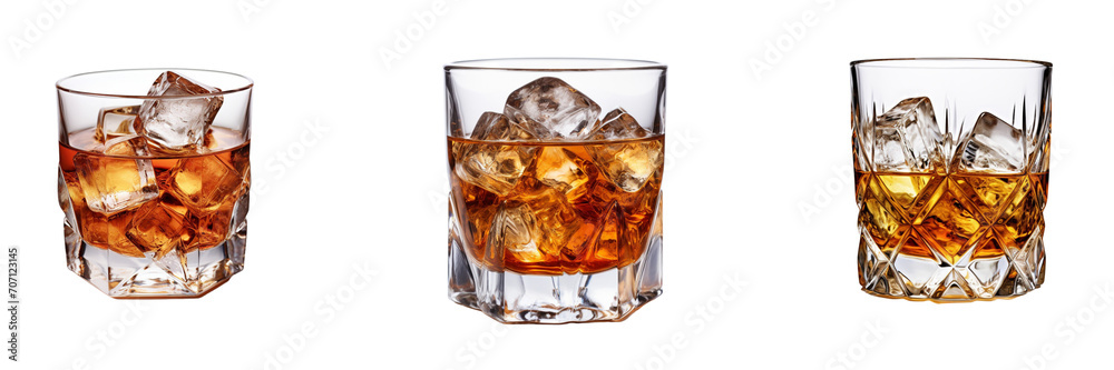 Set of brandy with ice, on transparent background 