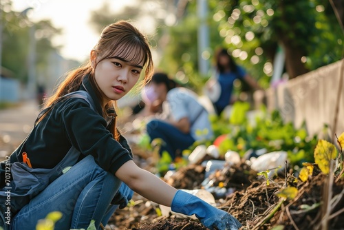 A young Asian female volunteer worker with gloves enjoys charitable social work by cleaning an outdoor area from garbage and plastic residues. Pollution, environment preservation and ecology concepts.