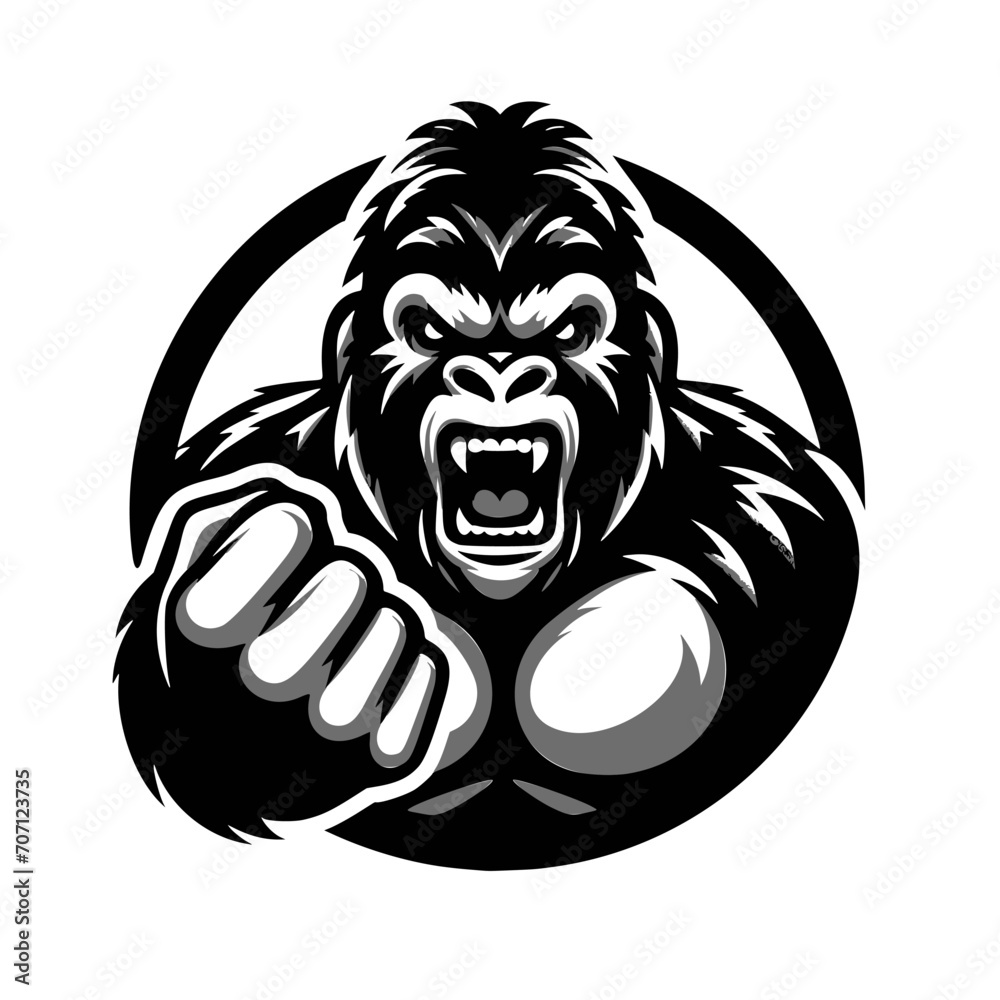 Obraz premium Vector logo of a raging gorilla. Professional logo of a mad kong. Black and white logo of an ape isolated on a white background.