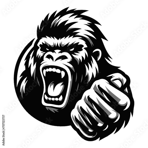 Vector logo of a raging gorilla. Professional logo of a mad kong. Black and white logo of an ape isolated on a white background.