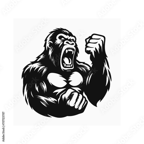 Vector logo of a raging gorilla. Professional logo of a mad kong. Black and white logo of an ape isolated on a white background.