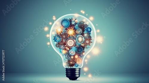 A light bulb conceptually filled with sparkling gears and cogs, illustrating the power of innovation and creative thinking.