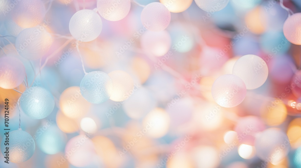 Fototapeta premium Soft bokeh effect created by pastel-colored fairy lights, perfect for a dreamy and magical background.