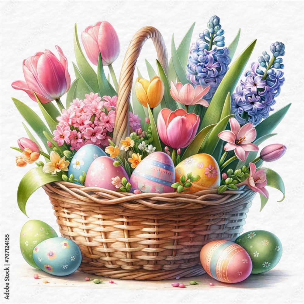 A basket filled with vivid tulips and a single detailed Easter egg, symbolizing spring's arrival, Illustration for Easter Day, Watercolor style.