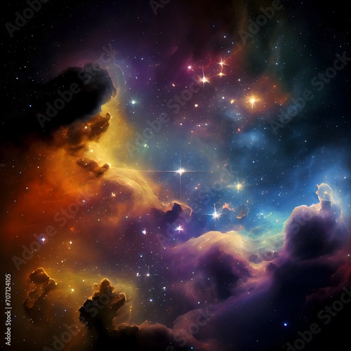 Colorful deep dark outer space with many tiny bright stars in the background some golden nebulas