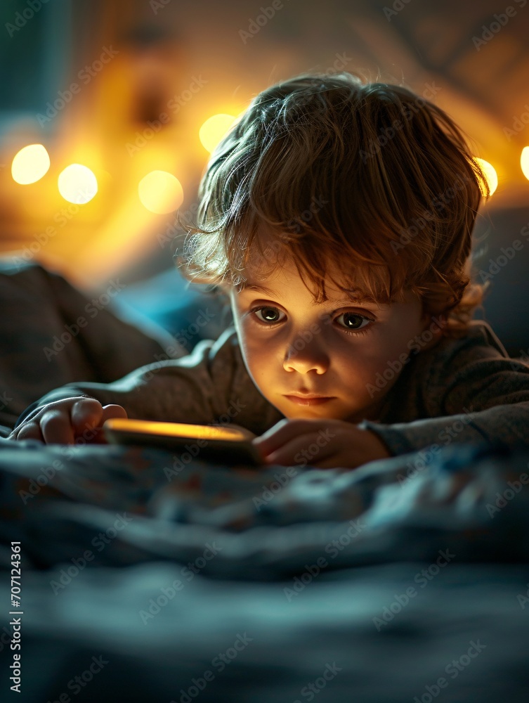 A youngster on a mobile device in bed at a late hour, engaged in gaming, streaming and scrolling, exhibiting screen fixation. A youngster on a mobile device in bed at a late hour, engaged in gaming, streaming and scrolling, exhibiting screen fixation.