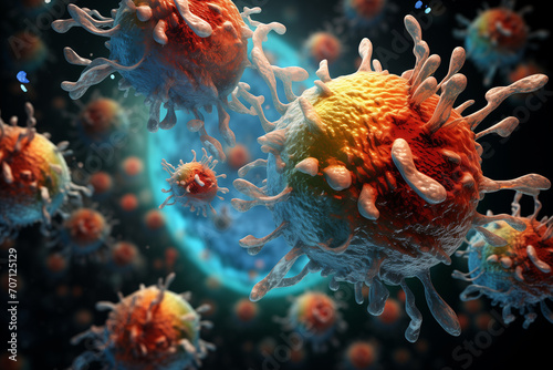  microscopic view of the immune system's valiant fight against cancer cells.l World Cancer Day concept.  photo